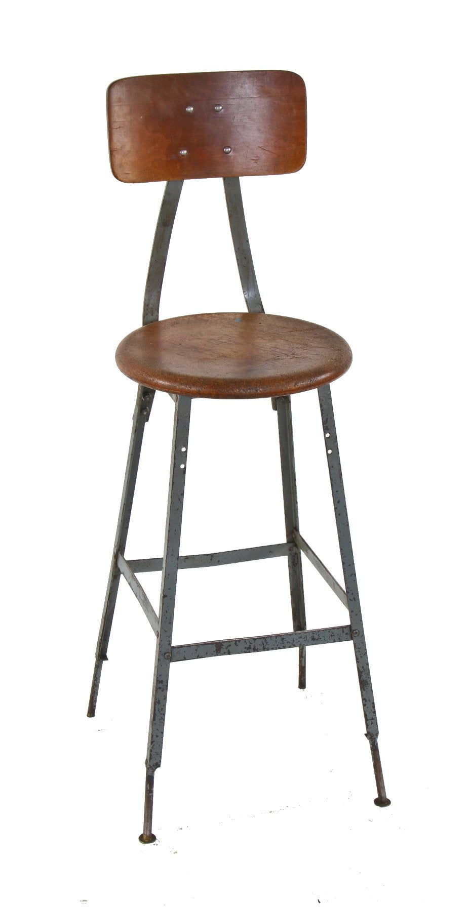 slightly modified c. 1950's vintage american industrial four-legged gunship gray enameled angled iron pollard stool with backrest