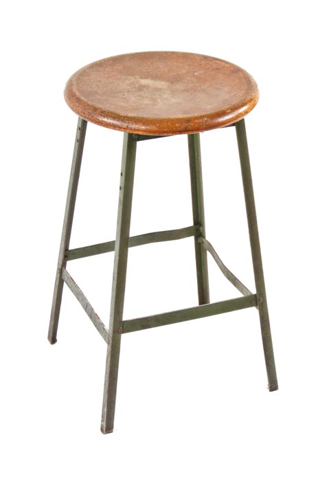 c. 1950's vintage american industrial "pollard green" enameled riveted joint angled iron four-legged factory stool with original pressed wood seat