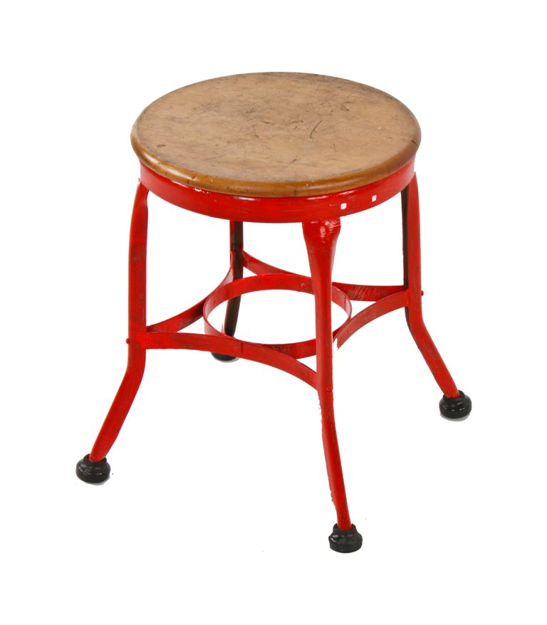 original 1940's american industrial four-legged diminutive pressed and folded "uhl art steel" red enameled stool with maple wood seat