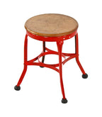 original 1940's american industrial four-legged diminutive pressed and folded "uhl art steel" red enameled stool with maple wood seat