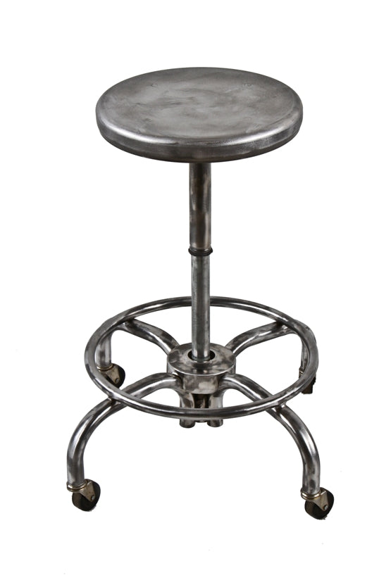 refinished late 1940's american vintage industrial bent tubular steel four-legged telescoping mobile stool with original casters
