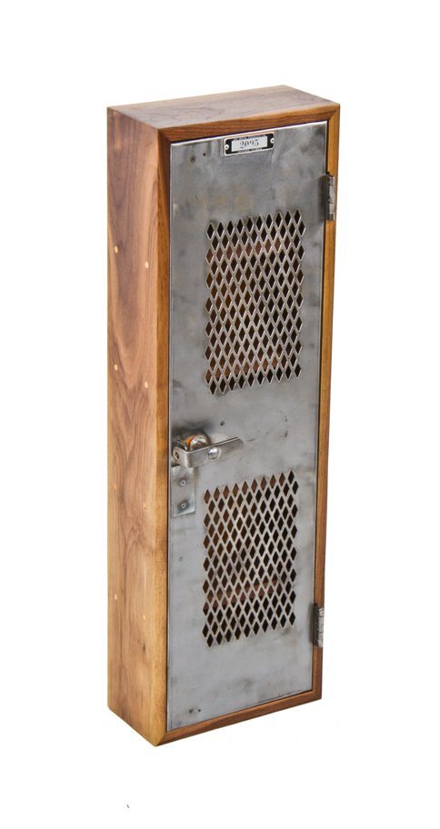 custom-built repurposed solid walnut wood diminutive wall-mount compartmentalized cabinet combined with a vintage metal locker door