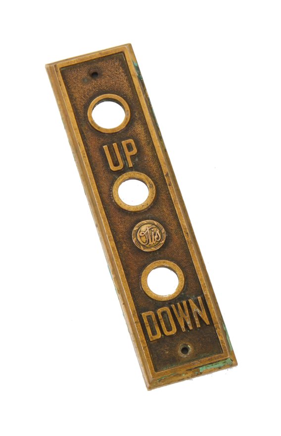 c. 1930's american single-sided cast bronze interior chicago building lobby wall-mount elevator cab call push button backplate with emblem