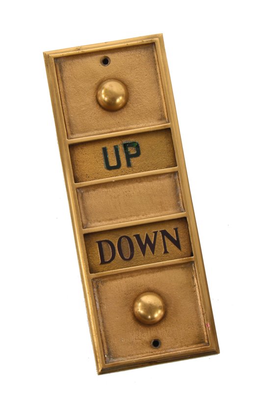 c. 1930's american depression era art deco style cast bronze "up" and "down" elevator car field building push button backplate