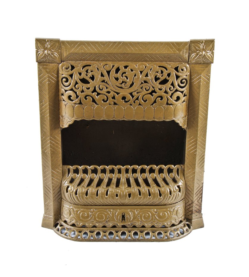 rare late 19th century american victorian era "perfection line" interior residential gold enameled fireplace gas insert or grate with original valve key