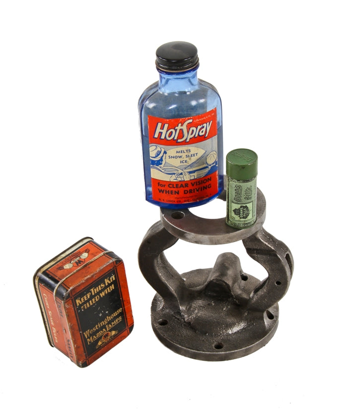 early 1920's american industrial brushed cast iron diminutive boylston factory steam valve bonnet display stand with clear coat lacquered finish