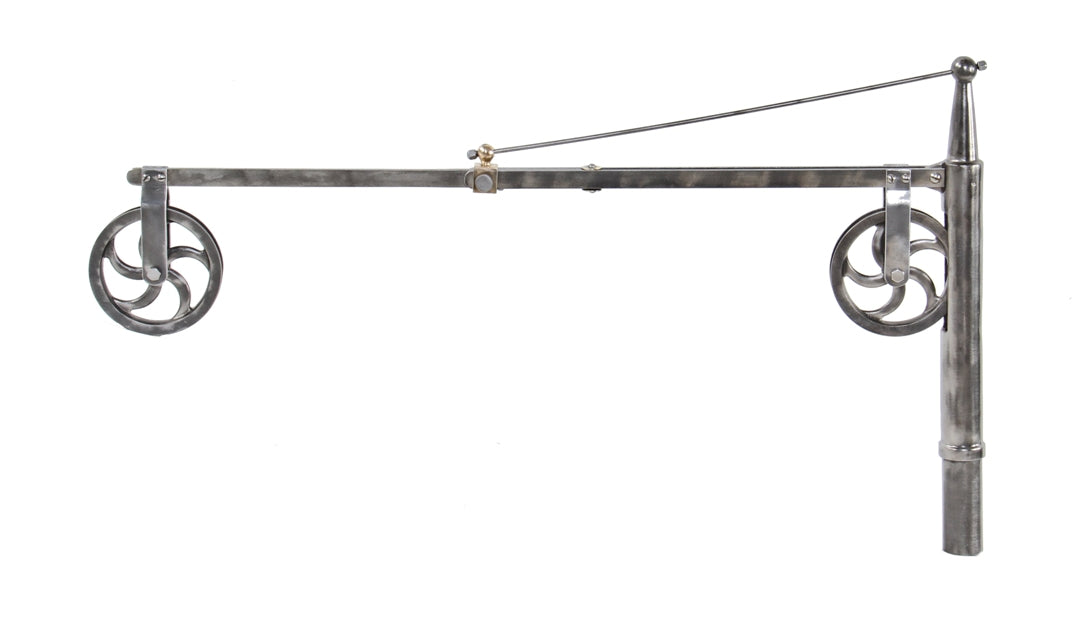 hard to find c. 1918-25 american vintage medical telescoping steel and iron dental cluster light bracket with intact spoked wheels