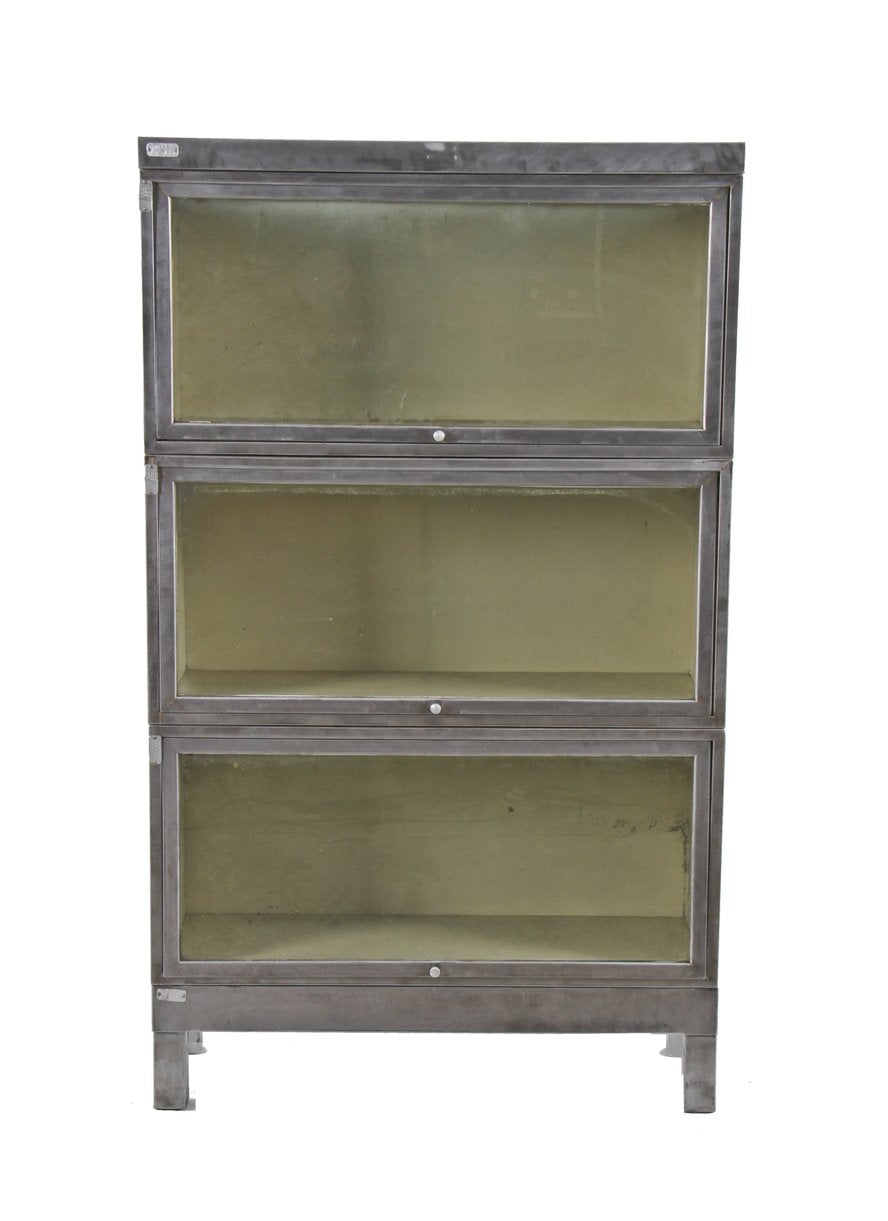 refinished c. 1948 american vintage industrial "detroit arsenal" cold-rolled steel three-tier freestanding barrister cabinet with original glass