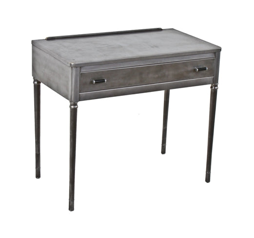 american machine age refinished cold-rolled furniture sheet steel single sliding drawer side table or desk with turned legs