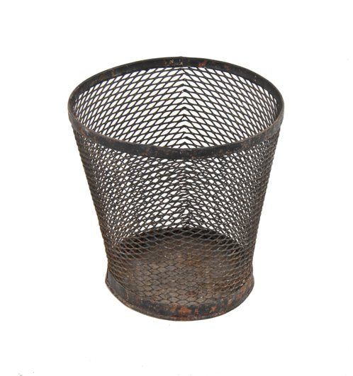 depression era american vintage industrial factory office diamond steel mesh waste basket with original black paint finish