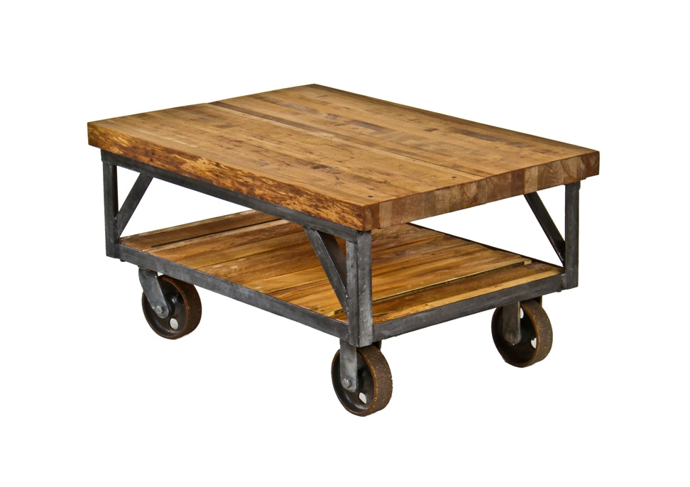 c. 1930's repurposed vintage industrial all-welded joint factory cart coffee table with newly added maple wood top and undershelf
