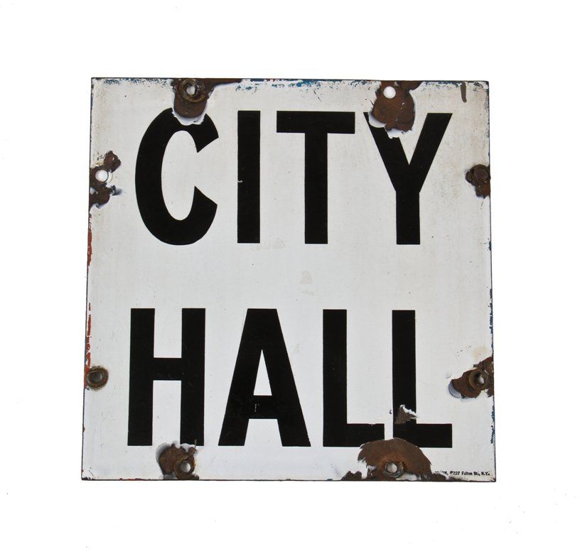 c. 1930's american industrial single-sided new york subway city hall station flush mount porcelain enameled column sign