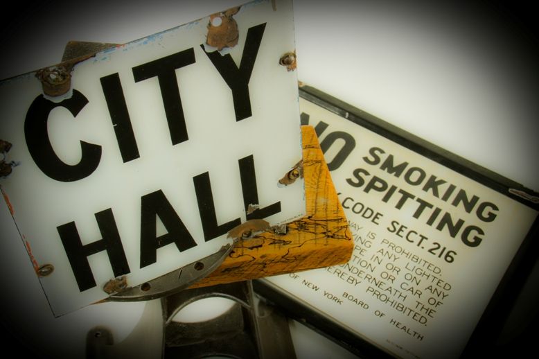 c. 1930's american industrial single-sided new york subway city hall station flush mount porcelain enameled column sign