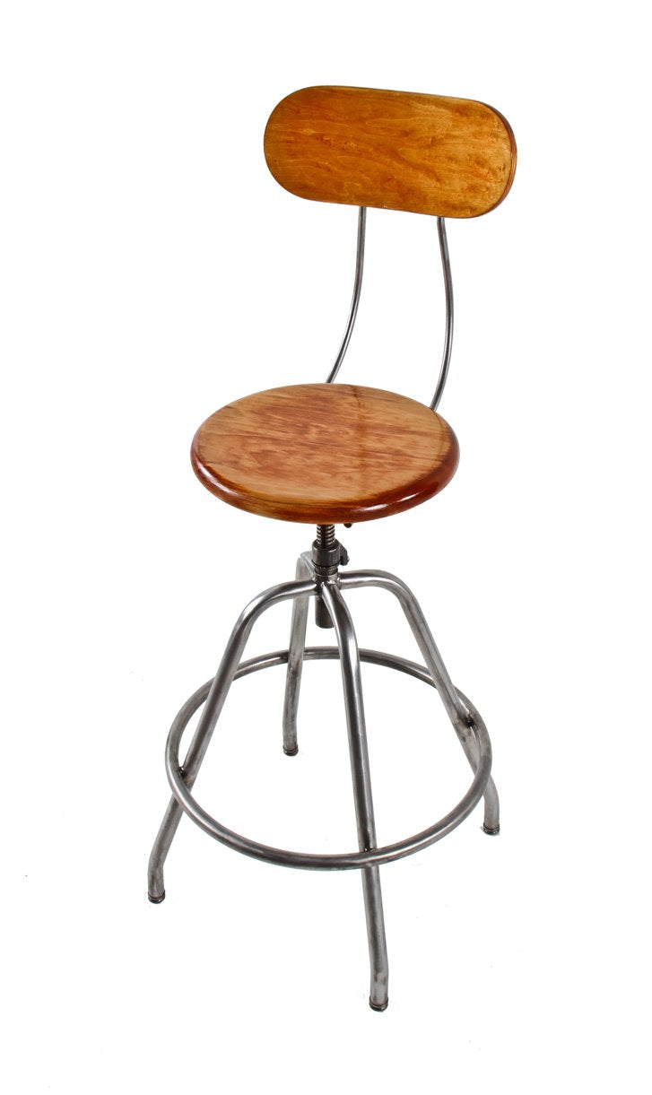 vintage american industrial heavy gauge tubular steel chicago draftsman adjustable height stool with revolving maple wood seat and backrest