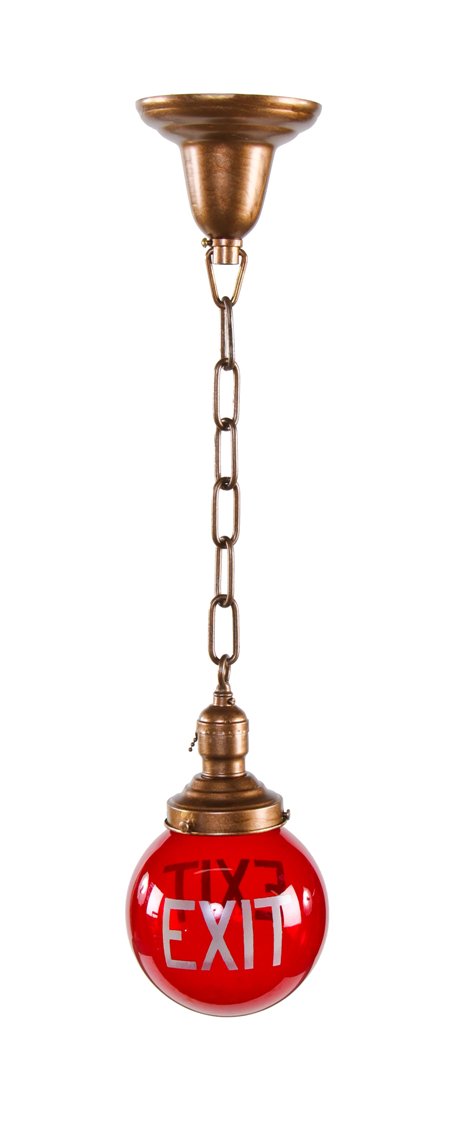 c. 1930's american interior factory building hallway illuminated exit pendant ceiling fixture with double-sided ruby red glass globe