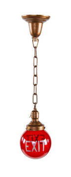 c. 1930's american interior factory building hallway illuminated exit pendant ceiling fixture with double-sided ruby red glass globe