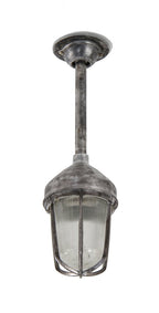 vintage american industrial single electric "explosion proof" factory pendant light fixture with fluted globe and aluminum cage
