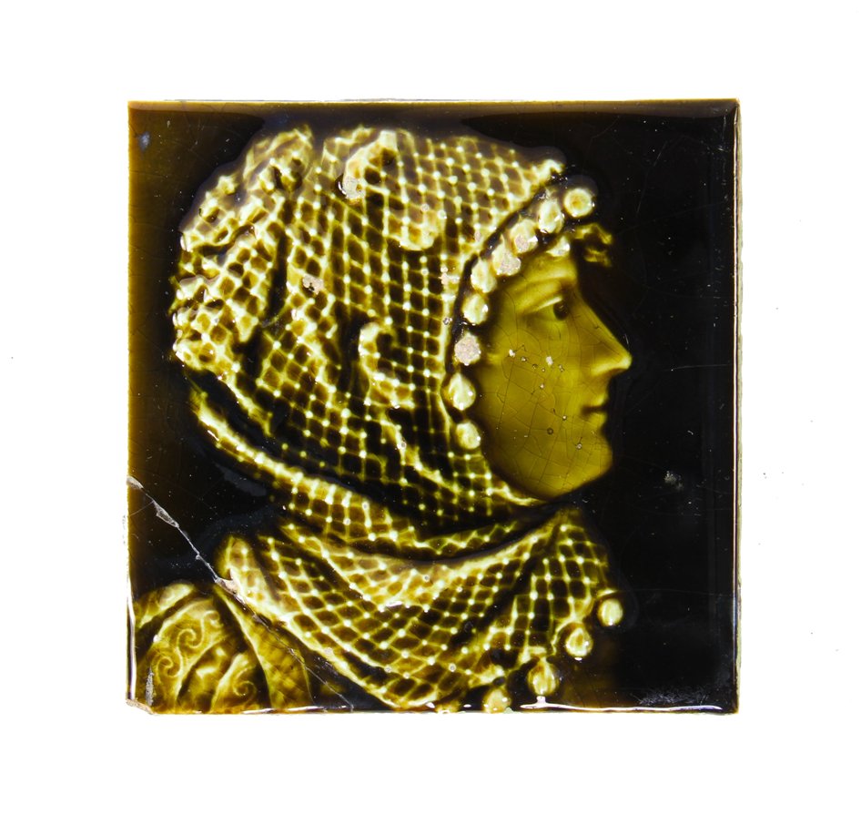 19th century richly colored american antique victorian era dark green majolica glazed portrait tile of a costumed female