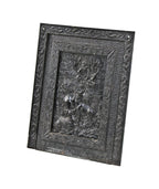 magnificently detailed 19th century original "japanned" ornamental cast iron fireplace summer cover featuring a herd of deer in dense foilage