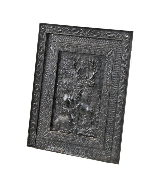 magnificently detailed 19th century original "japanned" ornamental cast iron fireplace summer cover featuring a herd of deer in dense foilage