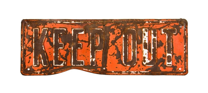 original c. 1930's weathered and worn single-sided stamped steel vintage american "keep out" fence sign with embossed lettering