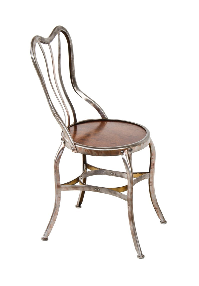 refinished early 20th century antique vintage industrial uhl art steel "perfection" chair with wood inset designed by clement uhl