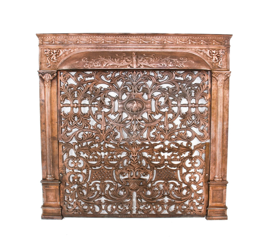 exceptional late 19th century american antique copper-plated ornamental cast iron residential fireplace grate with detachable summer cover