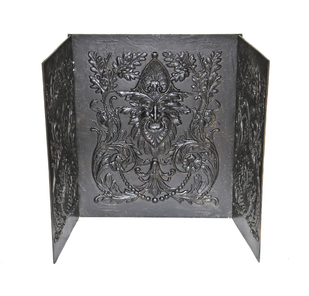extraordinary 19th century american victorian era three-piece sectional ornamental cast iron residential fireplace fireback