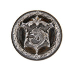 original late 19th century ornamental cast iron fisher building doorknob featuring a centrally located cartouche with detailed fish