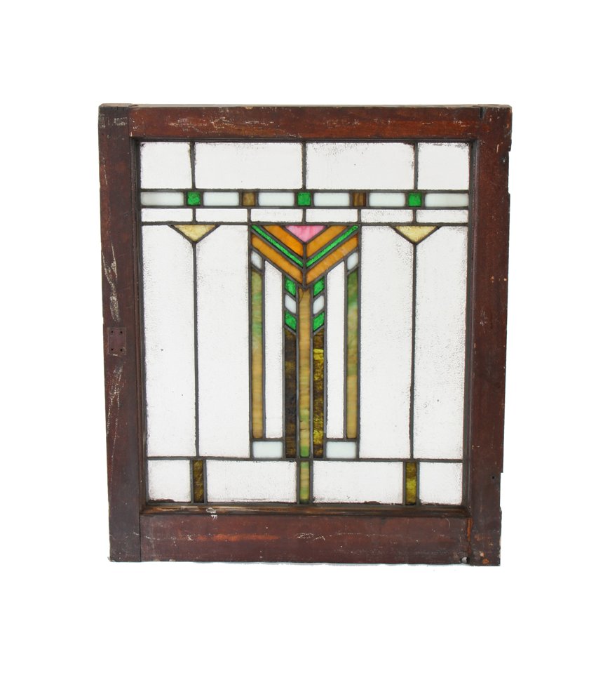 original and intact early 20th century american chicago prairie style leaded art glass residential window with chevron motif