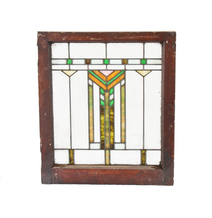 original american prairie school leaded art glass interior residential strongly geometric window with intact wood sash frame