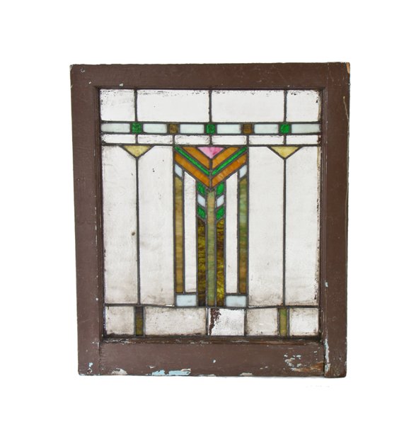 20th century american residential chicago prairie school style leaded art glass window with a strongly geometric design motif