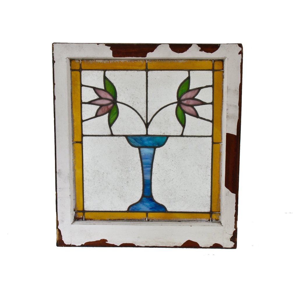 intact early 20th century chicago arts & crafts style interior residential art glass window with potted plant design