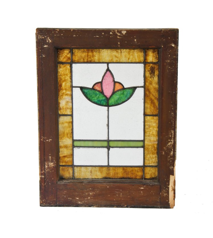 original and intact american antique arts & crafts style diminutive art glass residential casement window with abstract floral motif