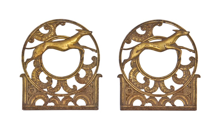 two matching remarkable late 1920's american art deco style brass-plated cast iron interior greyhound lines station ornamental panels