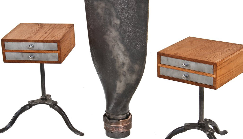 matching set of repurposed vintage american industrial stationary three-legged side tables with newly-built oak wood cabinets