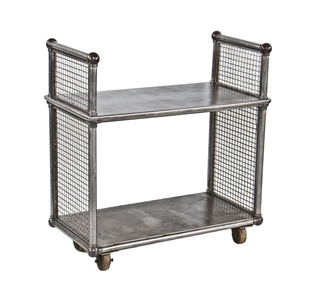 rare c. 1913 american antique industrial western electric mobile factory two-tier rolled sheet iron supply cart with composite casters