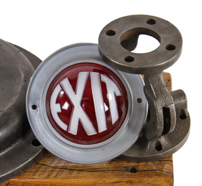 largely intact c. 1920's american art deco flush mount interior theater building exit light with deeply incised lettering