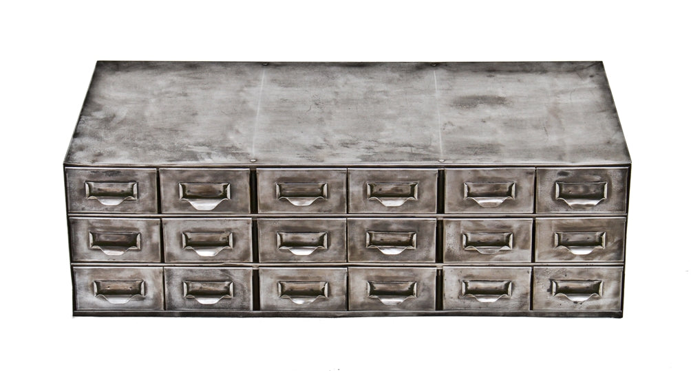late 1940's american vintage industrial cold-rolled steel 18-unit compartmentalized "small parts" factory workbench cabinet