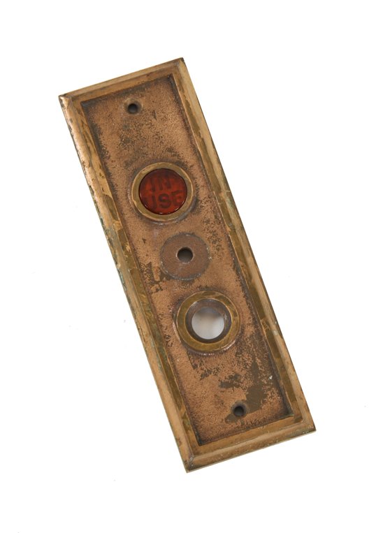 original c. late 1920's american single-sided flush mount commercial building otis elevator push button backplate with amber glass inset