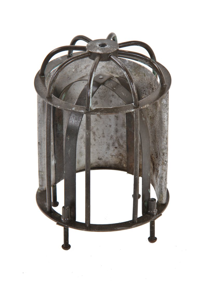 early 20th century antique american industrial bronze and sheet steel "trouble light" bulb guard or wire cage