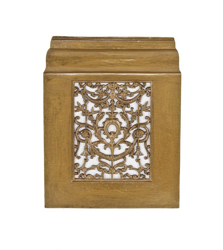 original c. 1880's antique american ornamental perforated cast iron interior residential metallic gold enameled fireplace summer cover or front
