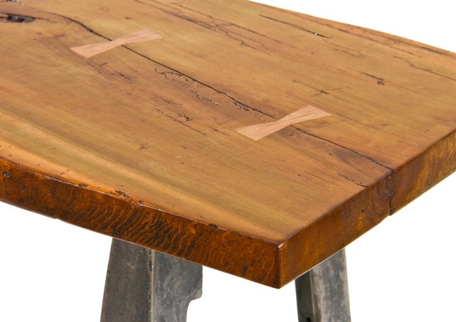 outstanding and remarkably intact repurposed american industrial stationary console or side table with refinished old growth poplar wood slab top