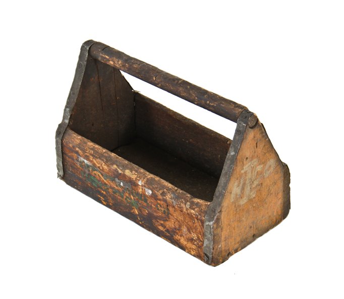 nicely weathered early 20th century vintage american industrial single compartment handheld wood toolbox reinforced with galvanized steel strapping