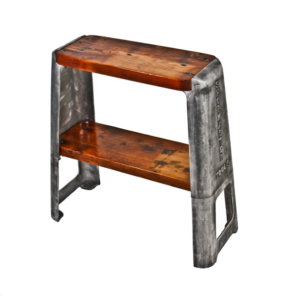 late 1940's vintage american industrial reinforced cast aluminum machine shop drill press machine bases with two pine wood shelves