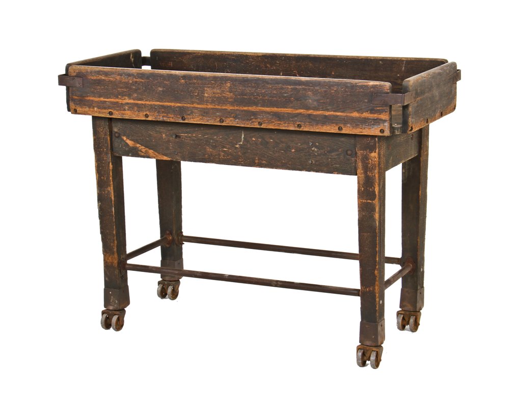 c. 1920's antique american industrial reinforced timeworn ohio post office mail sorting cart with double-wheel casters and iron pipe stretchers