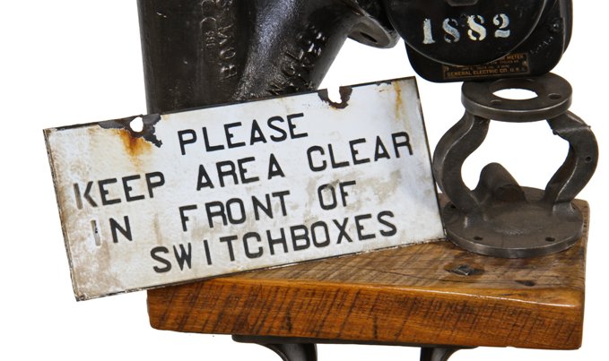 original c. 1930's american vintage industrial single-sided die cut steel white porcelain enameled "keep area clear" instructional factory sign