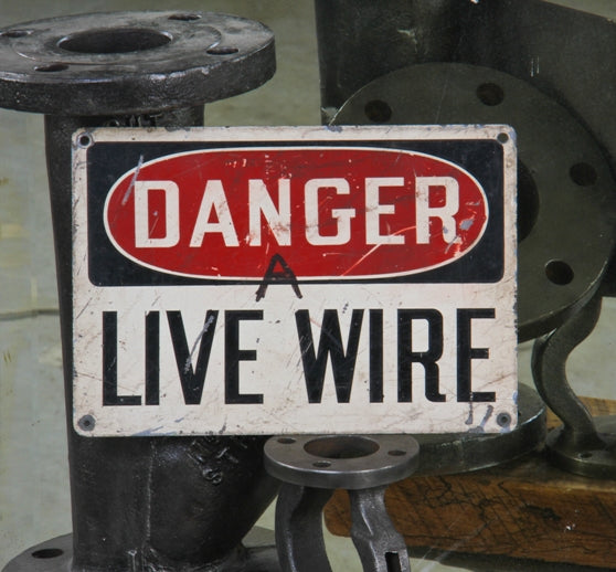 original early 1940's american industrial single-sided baked enameled die cut steel "live wire" danger or cautionary substation sign