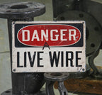 original early 1940's american industrial single-sided baked enameled die cut steel "live wire" danger or cautionary substation sign