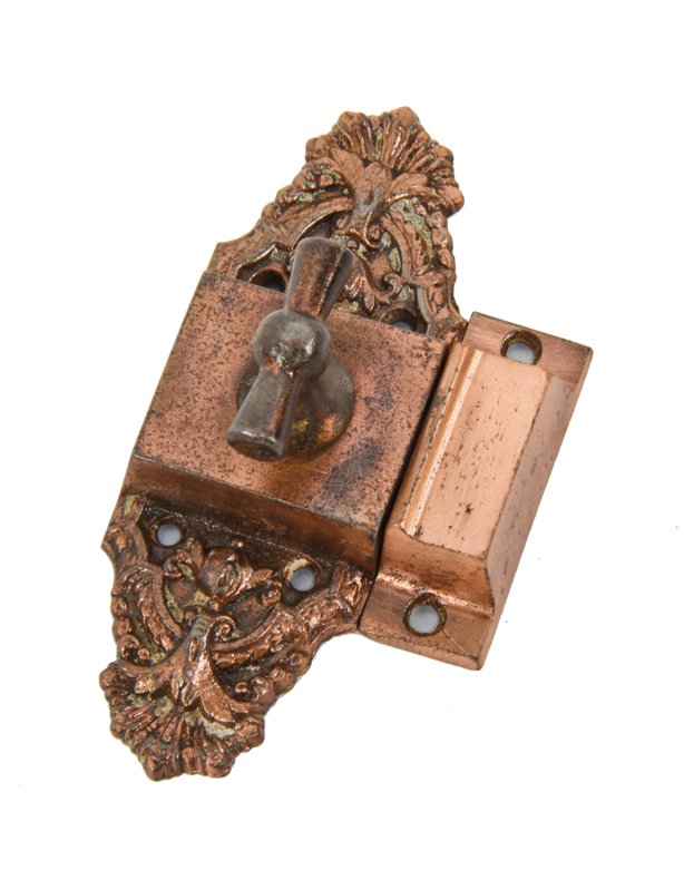 early 20th century antique american ornamental cast iron "ontario" pattern interior residential cabinet door latch with copper-plated finish